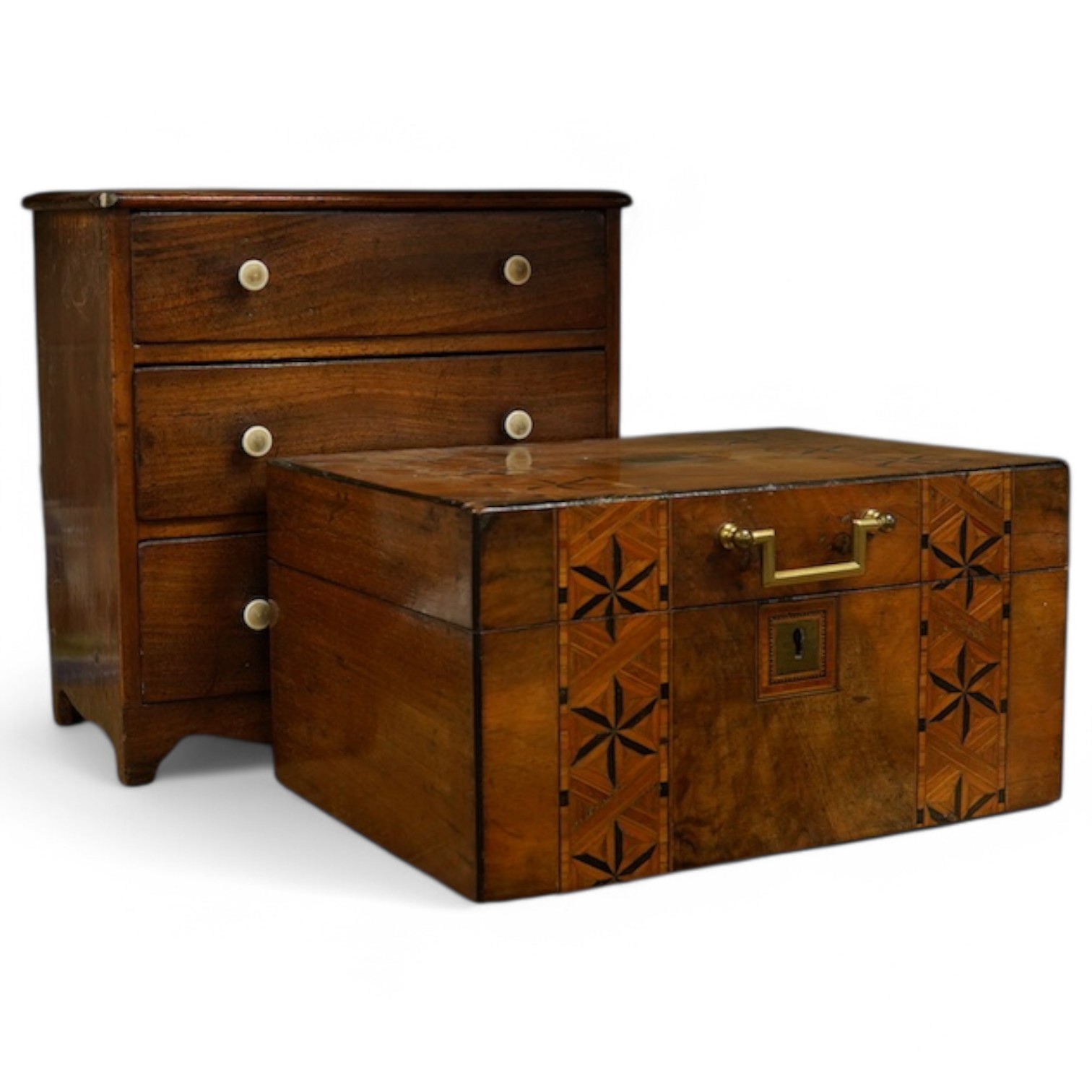 A small 19th century mahogany chest of three drawers having bone handles, width 26cm, height 26cm and a Victorian parquetry banded box, largest 26cm high. Condition - fair